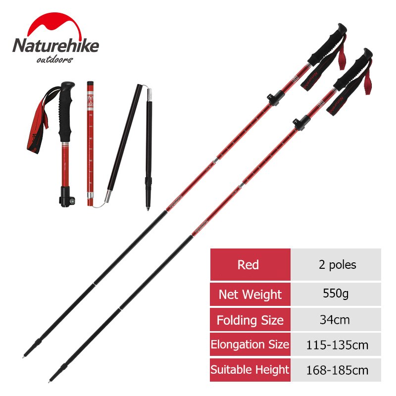 Naturehike Trekking Poles Folding Hiking Stick Collapsible Hiking Poles Trekking Stick Walking Poles Nordic Walking Sticks: Red - 2 poles