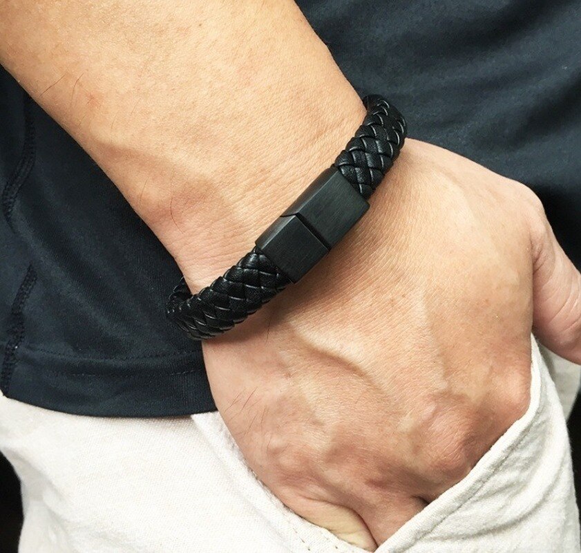 Mode Mannen Sieraden Handgemaakte Gevlochten Lederen Armband Zwart Roestvrij Staal Magnetische Sluitingen Mannen Wrist Band