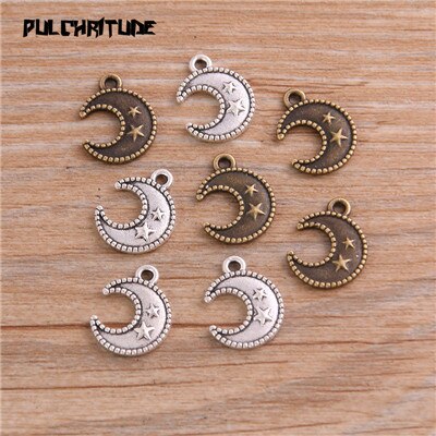 Pingente de liga de zinco, 30 peças 12*15mm liga de metal, pingente pequena de estrela, lua, joias, pingente de planta médica encantadores fabricantes: two color
