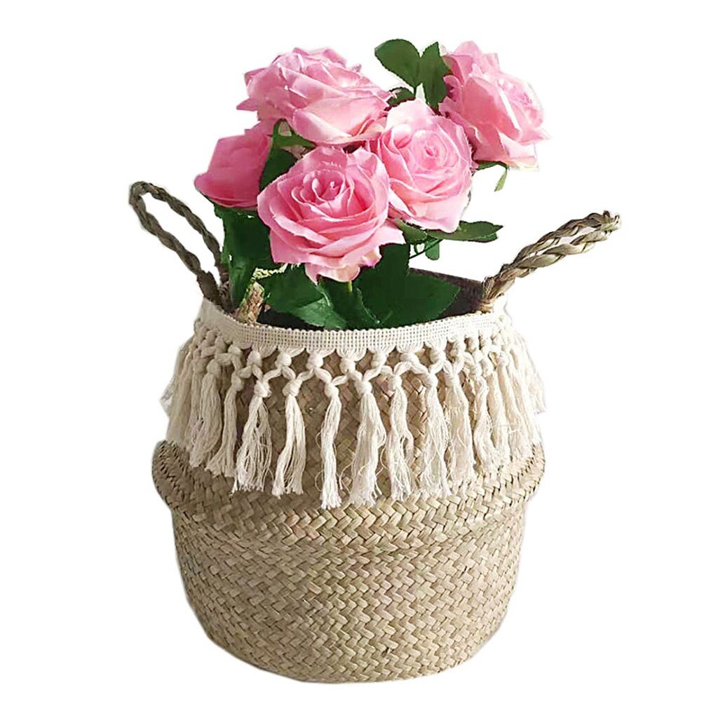 Seagrass Wicker Basket Flower Pot Folding Basket Storage Basket Decoration Garden Flower Pot Planter Handmade Hanging Baskets: 22CM