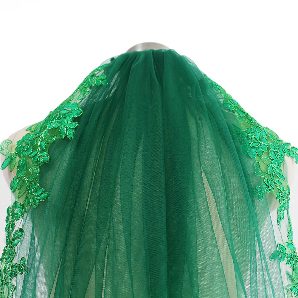 Real Pictures Green Lace Short Wedding Veil Beautiful One Layer Bridal Veil with Comb Muslim Arabic Voile De Mariee