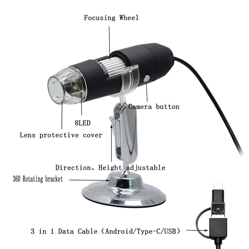 Håndholdt  hd 2.0mp 1000x 3 in 1 wifi usb android type-c mikroskop stereo elektronisk digitalt mikroskop 1920*1080p opløsning