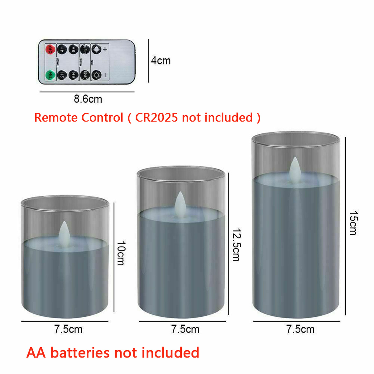 3Pcs Golden Gray Authentic Flame Flickering LED Candle Light Glass Jar Wax Indoor Electronic Remote Control Candle Warm Light