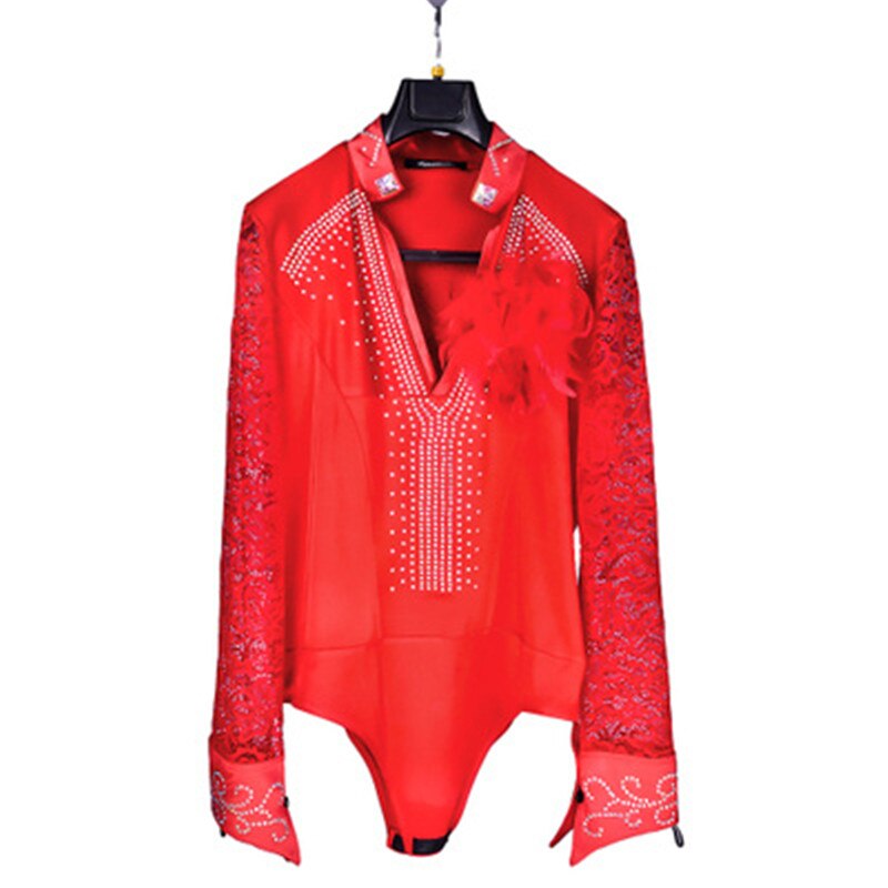 Ballroom Latin Dance Shirts Male Black Long Sleeve Lace V Collar Shirt Men Samba Cha Cha Dancing Tops Performance Wear