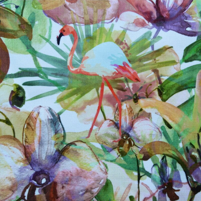 Tropisk plante flamingo digitaltrykk blomst blad fløyel sofa lenestol ottaman sofa interiør stoff dekorativ klut 140cm bred