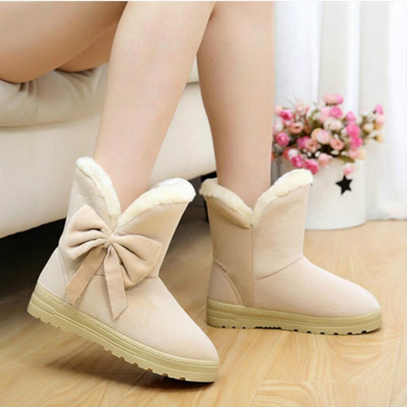 femmes bottes de neige hiver fourrure bottines femme noeud papillon plus en peluche daim caoutchouc plat sans lacet plate-forme dames chaussures