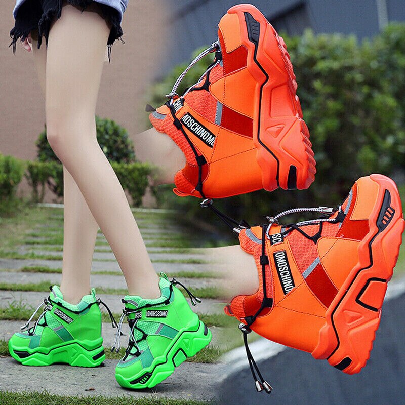 Femmes Fluorescence couleurs plate-forme à lacets baskets décontracté cale Super haute 11CM chaussures à talons 3 couleurs Styles coréens A3