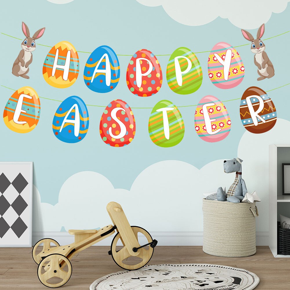 Happy Easter Banner DIY Cute Bunny Festival Party Hanging Decorations Rabbit Prop Ornaments for Family Gathering Decor