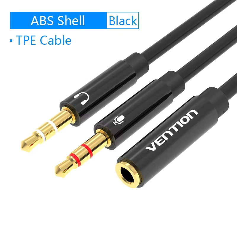 Vention Audio Splitter Cable Jack de 3,5mm para computadora 1 hembra a 2 macho auricular micrófono Audio Y Cable divisor auriculares a adaptador de PC: Negro / 2 m