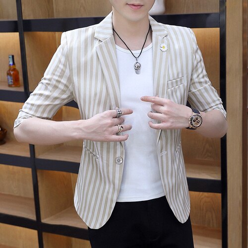Summer Blazer Masculino Short Sleeve Striped Men Blazers Wedding Business Casual Suit Jacket Streetwear Social Men Clothing: Khaki / L