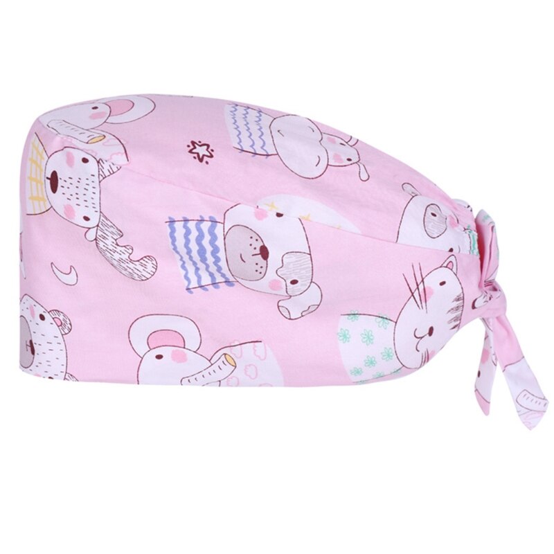 Dokter verpleegkundige katoenen werkmuts met zweetband verstelbare strik op de rug schattig cartoon dierenpatroon kalebasvormige bouffant scrub hoed h: -h