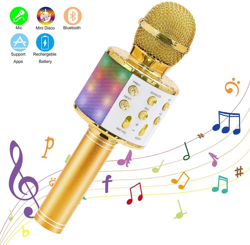Micrófono de Karaoke Bluetooth 4 en 1 inalámbrico, máquina de altavoz portátil, reproductor de KTV doméstico de mano con función de grabación: gold