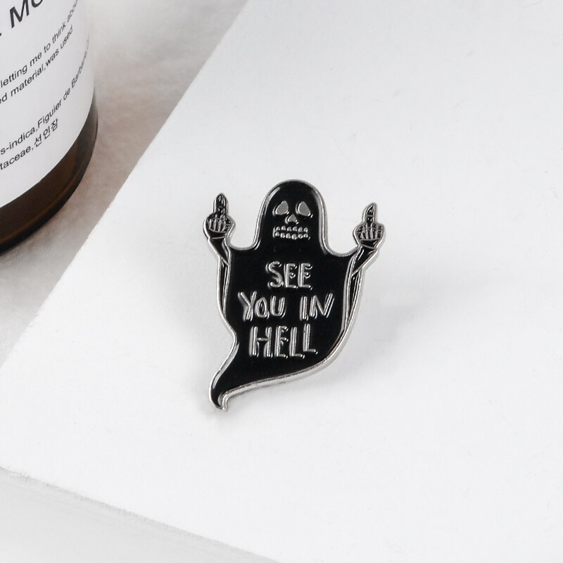 Broche de esmalte preto fantasma, broche de dedo médio, joia gótica engraçada com emblema