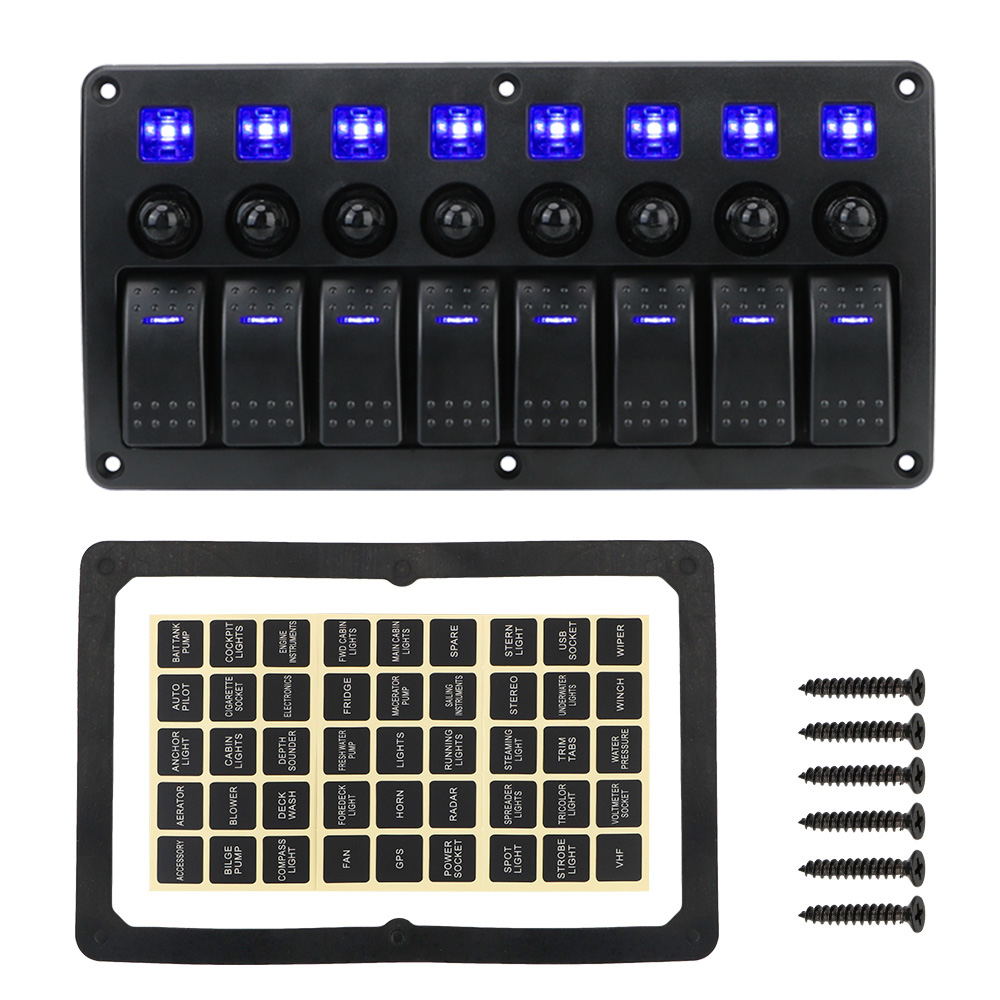 Car Vehicle Truck RV SUVS Marine 8 Gang LED Switch Panel Circuit Breakers With Fuse Waterproof 12/24V Overload Protection: Blue
