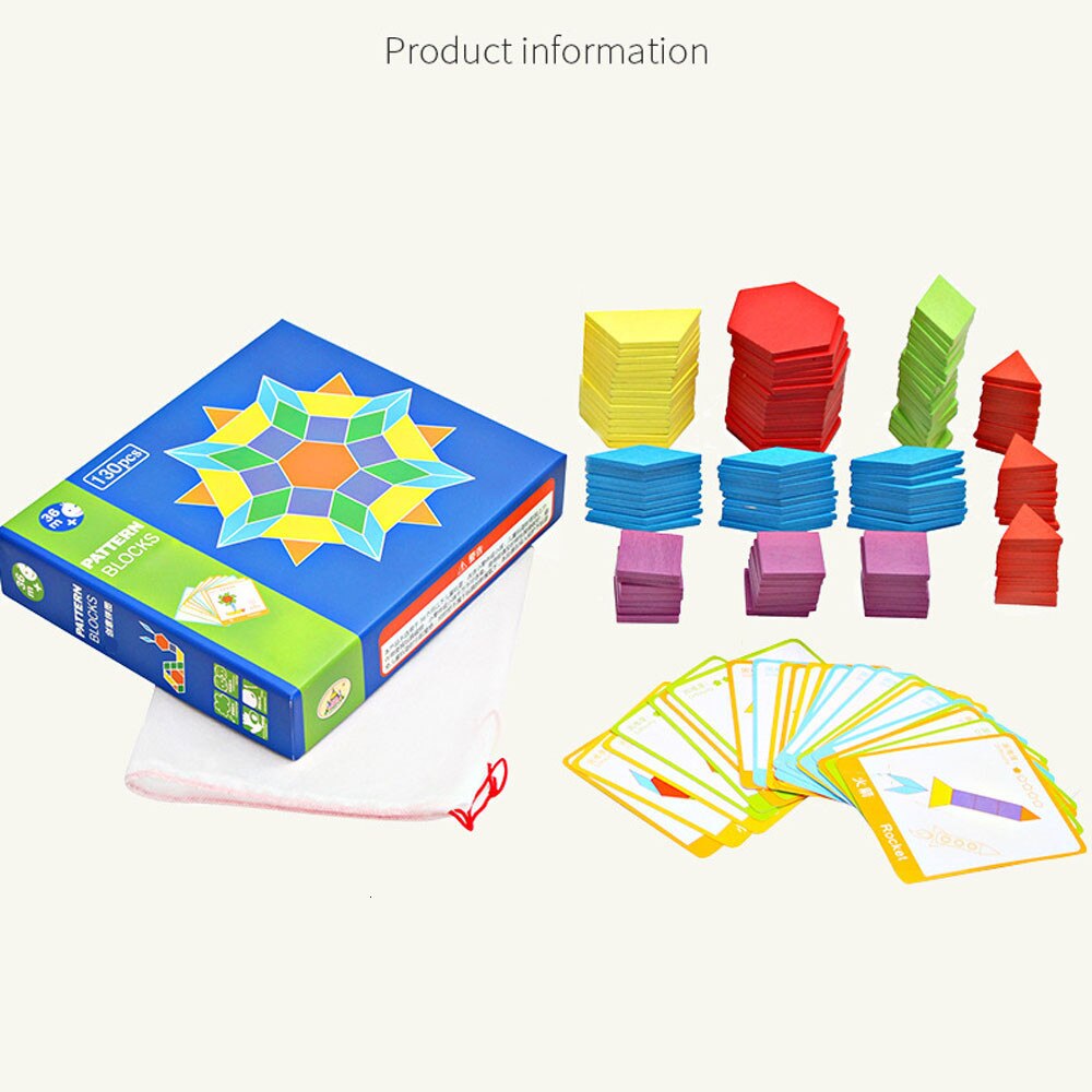 130 Pcs Wooden Geometric Shape Pattern Blocks Puzzle Box Toys Challenge IQ Kids