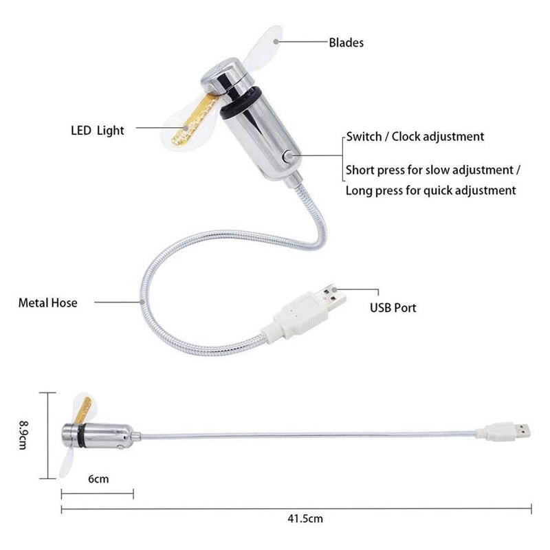 2 USB LED Clock Fan, Mobile USB Fan Portable Cooling Mini USB Quiet Gooseneck Fan for Office, Home & Travel