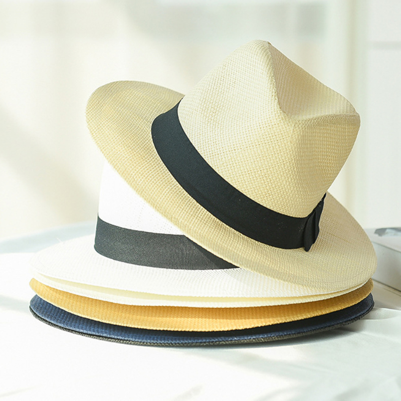 Ht2261 sommer hatte til mænd kvinder halm panama hatte solid almindelig bred kant strand hatte med bånd unisex fedora sol hat