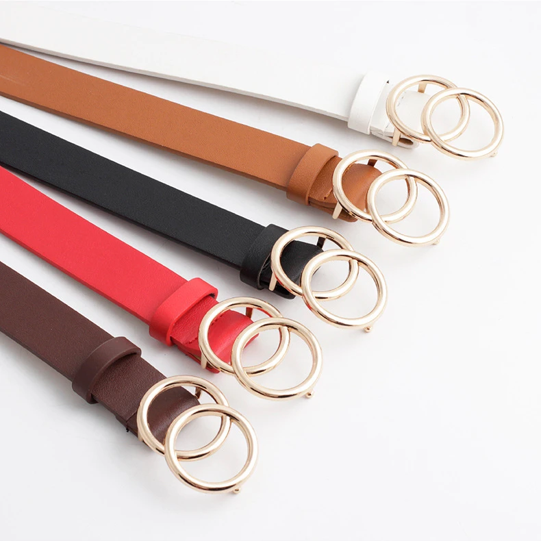 Big Double Ring Circle Metal Buckle Belt Women Wild Waistband Ladies Wide Leather Straps Belts for Leisure Dress Jeans