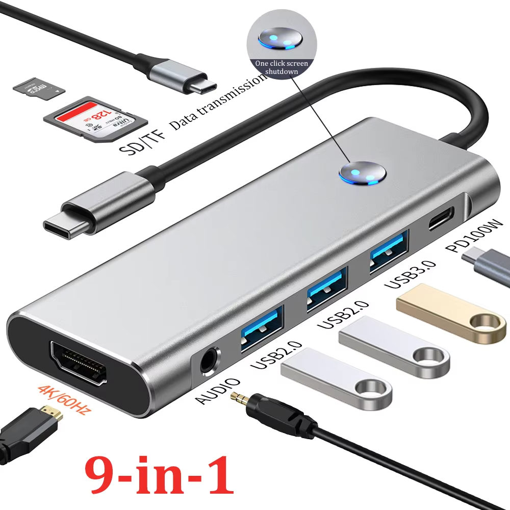 9-IN-1 USB C Docking Station TYPE-C HUB to HDMI 4K 60Hz with Screen off Button USB 3.0 5Gbps HUB 100W Fast Charging for MacBook: black