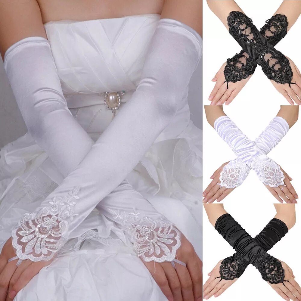 Zwart Wit Bruid Accessoires Handschoen Vingerloze Parel Satijnen Strass Kant Prom Handschoen Wit Zwart