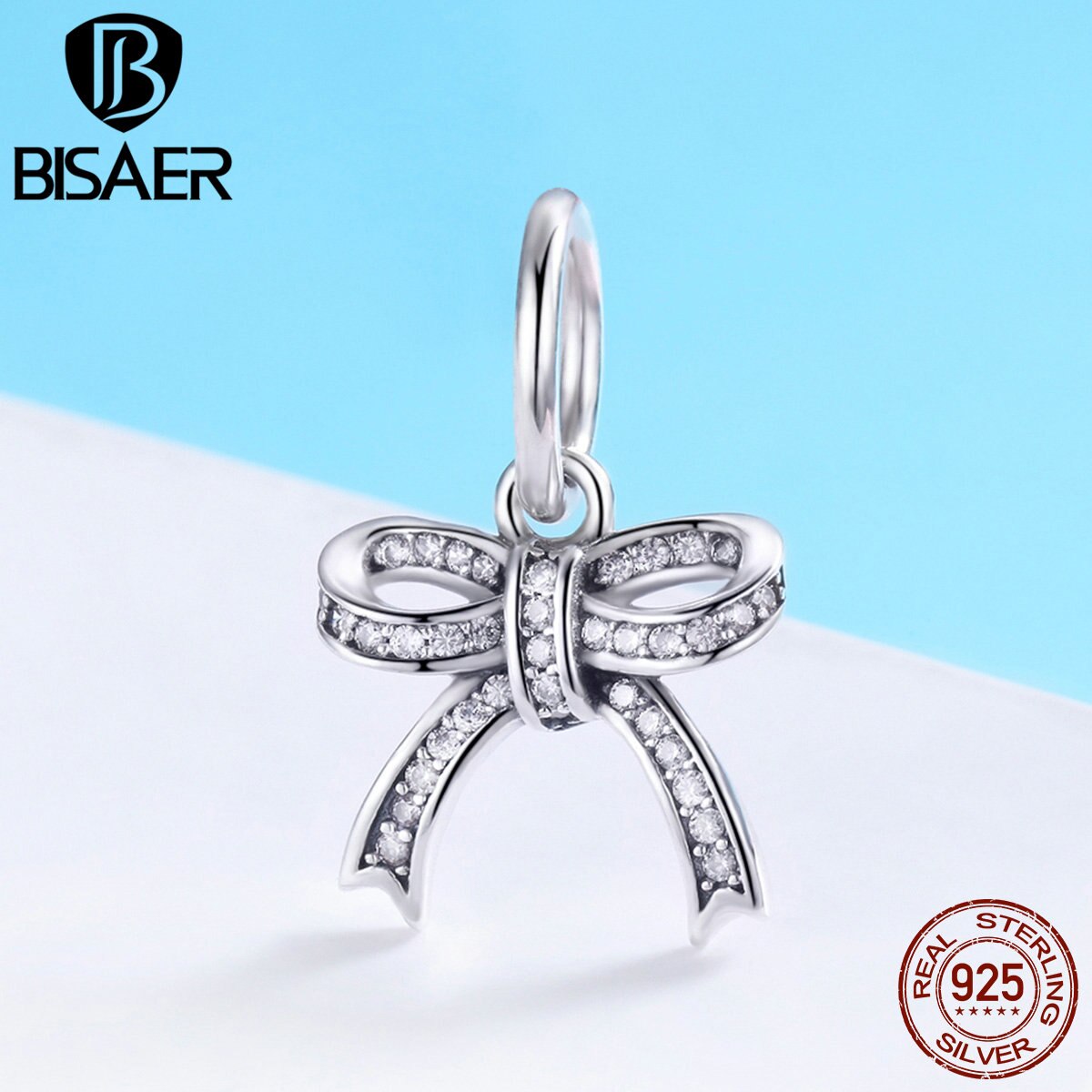 BISAER Real 925 Sterling Silver Dazzling Bowknot Charms Bowknot Clear CZ Beads Fit for Bracelet Silver 925 Jewelry Making ECC775