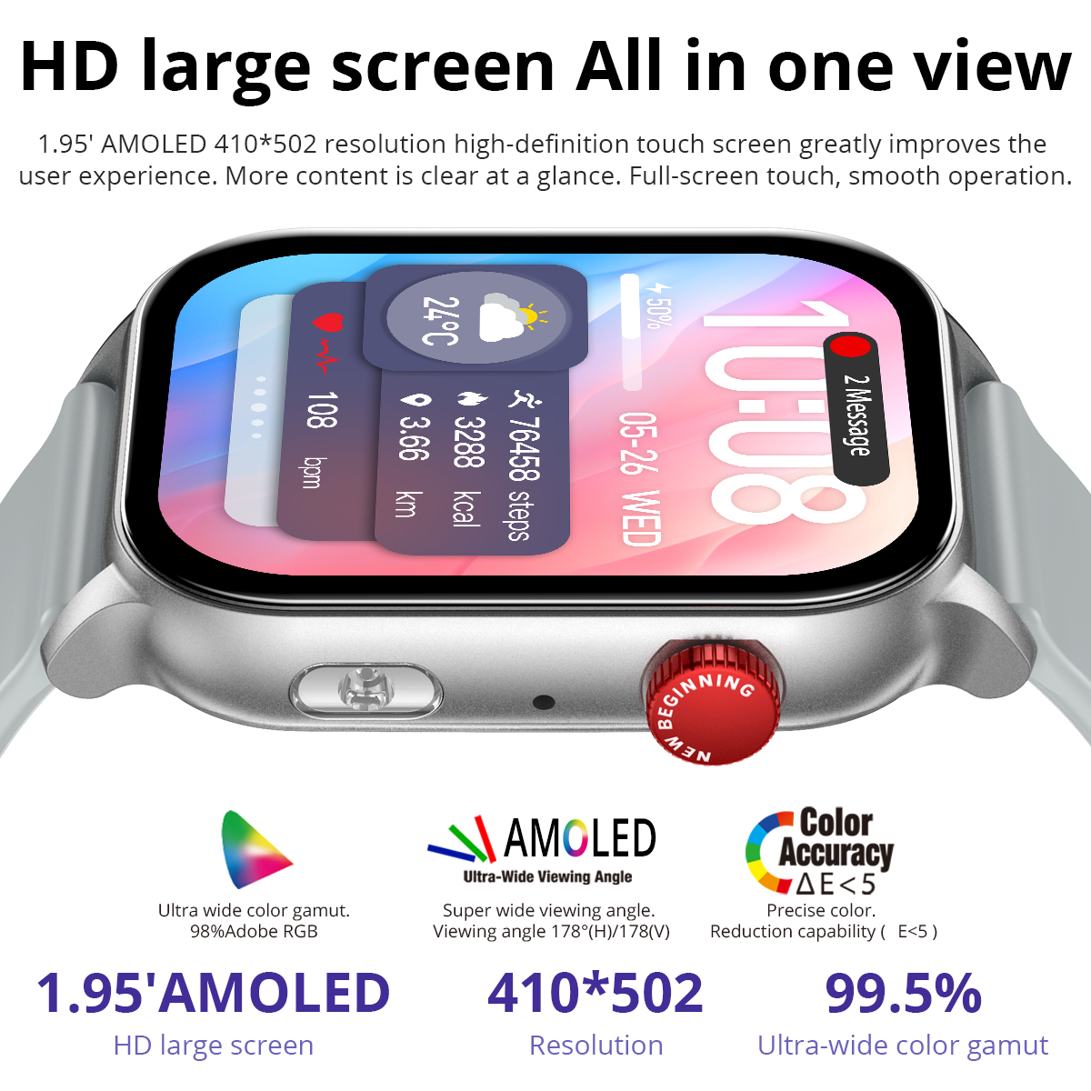 Reloj inteligente COLMI P78 AMOLED con pantalla de 1,95 pulgadas con linterna y llamadas de voz más de 100 modos deportivos Monitor de salud reloj inteligente para hombres y mujeres
