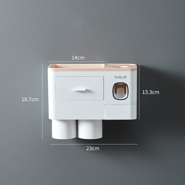 Tandbørsteholder automatisk tandpasta dispenser med kop vægbeslag toiletartikler opbevaringsstativ badeværelse tilbehørssæt: 2 kopper lyserød