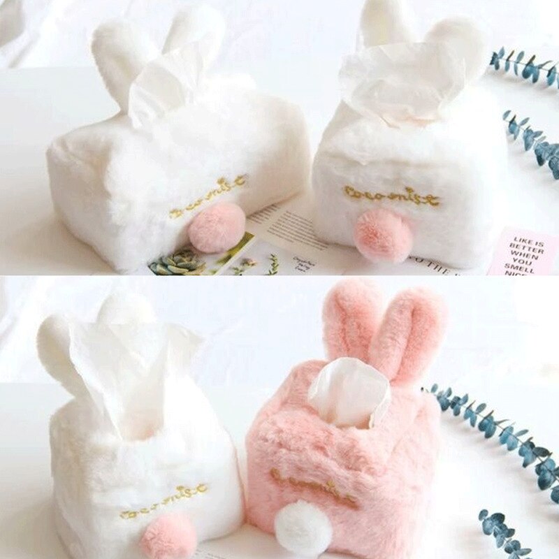 Holdbar rom plysj bil firkantet silkeskuff papirholder etui deksel serviett kawaii rosa hvit