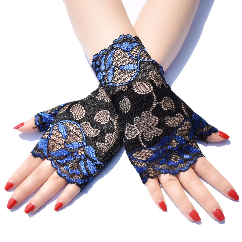 Women Sexy Fingerless Gloves Half Finger Sunscreen Short Lace Gloves Rose Flower Pattern Festival Gloves
