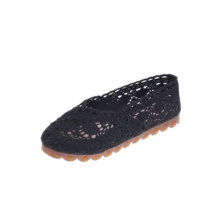 Zapatos de mujer, verano , tela con huecos de encaje, zapatos de guisantes, zapatos planos informales para mujer, mocasines de tela tejida a mano de fondo suave transpirable: Black / 36
