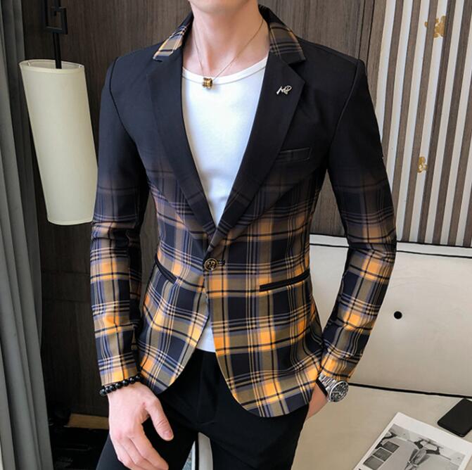Veste à carreaux pour hommes, veste Slim à la et à un bouton, tenue asiatique pour hommes, modèle décontracté: Yellow / Asian Size XXL