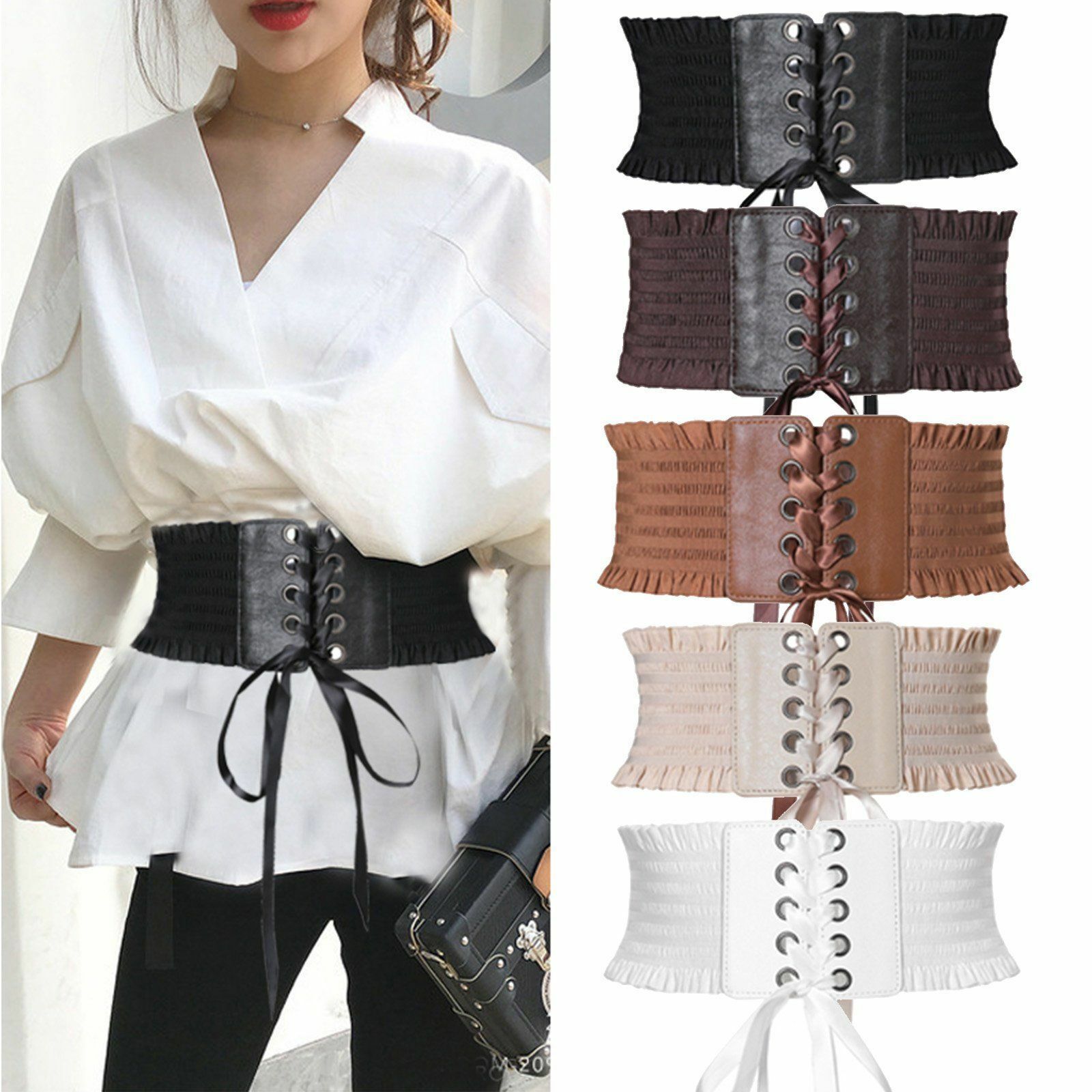 Womens Lady Stretch Buckle Waist Belt Wide Lace Leather stitching cross strap elastic Corset Waistband