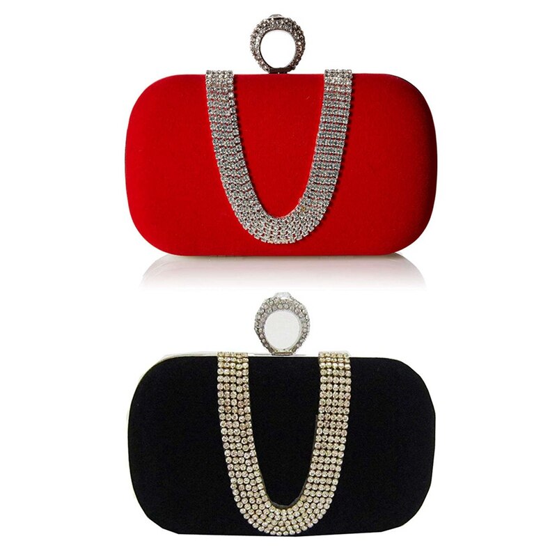 2x Suede Velvet Rhinestone Stud One Ring Decor Evening Cocktail Clutch Bag(Red&Black)