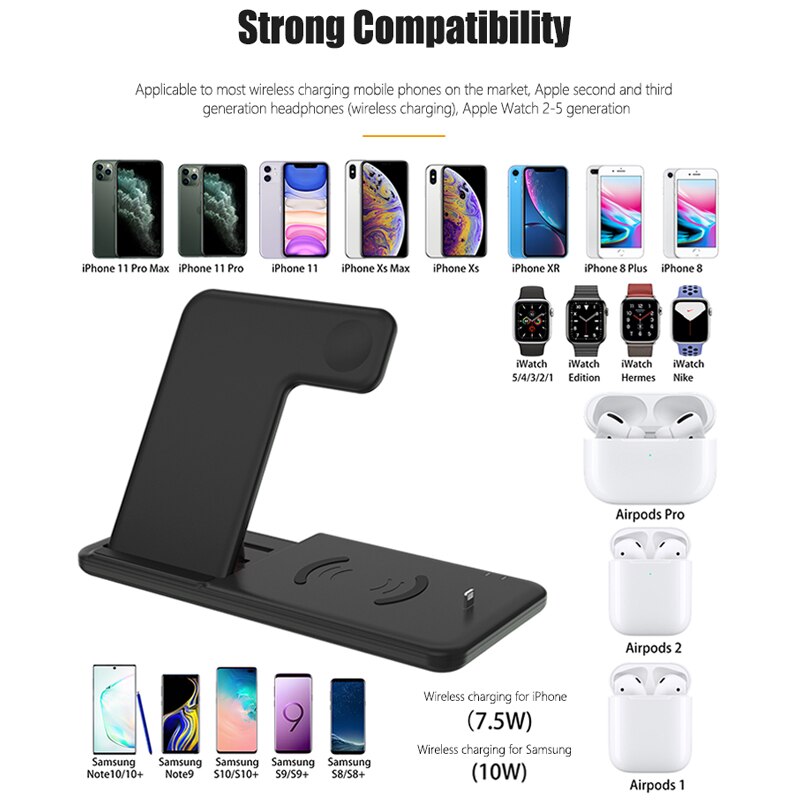 4in1 Qi Wireless Charge Station Foldable Base 15W Fast Wireless Charging for Samsung S20 S10 Huawei Apple iWatch 5 4 3 Airpods 2