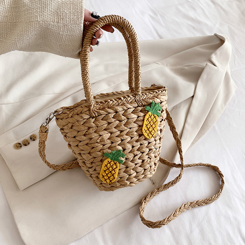 Bolso de hombro bohemio de ratán para mujer, bolsa de playa Kawaii de piña, bandolera práctica, 2022: Caqui