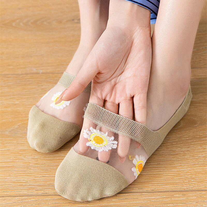 Crystal Silk Woman Socks Silicone Non-slip Invisible No Show Socks Fruit Print Summer Thin Breathable Low Cut Ankle Boat Socks