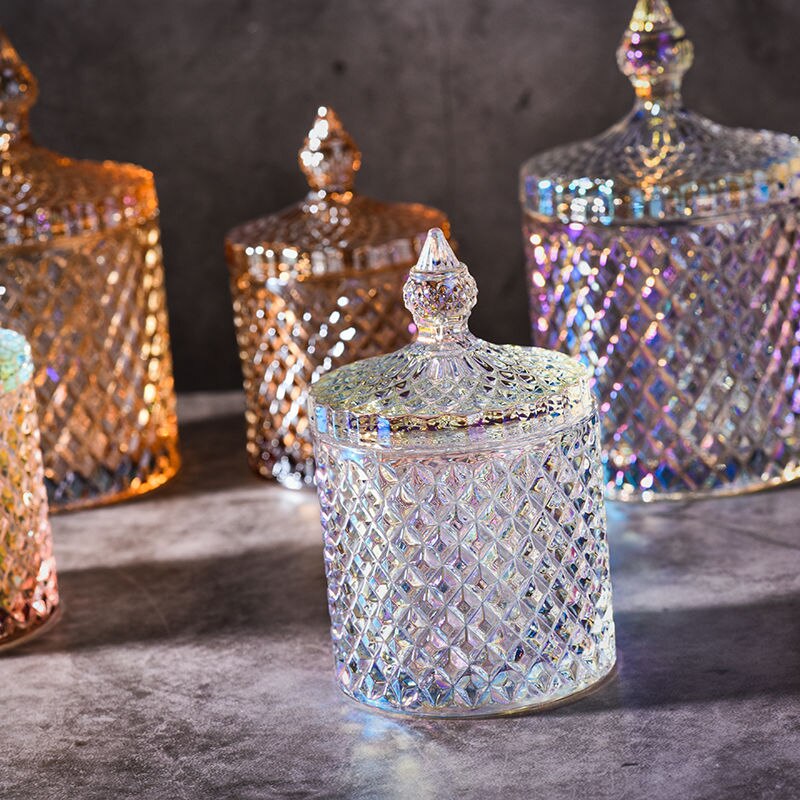 Tarros de cristal con tapa, latas de azúcar en lata de cristal, caja de dulces de diamante, recipiente para bastoncillos, almohadilla de algodón, recipiente de vidrio para almacenamiento doméstico