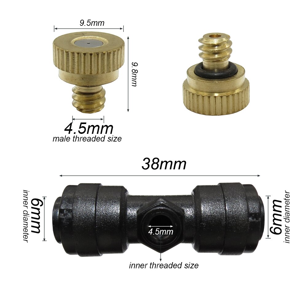 Brass Atomizing Nozzles 1/4 Inch Sliding Lock Tee Connector Garden Spray Nozzle Kit For Outdoor Patio Atomization Cooling System