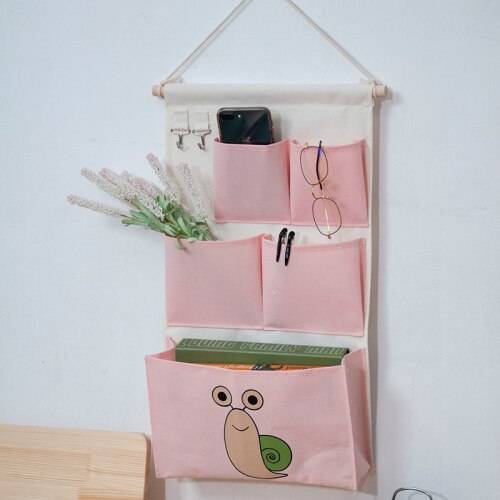 Canvas Storage Hanging Bag Wall Hanging Door Dormitory Hanging Bag 5 Pocket Space Sundries Hanging Organizer: Pink Snails
