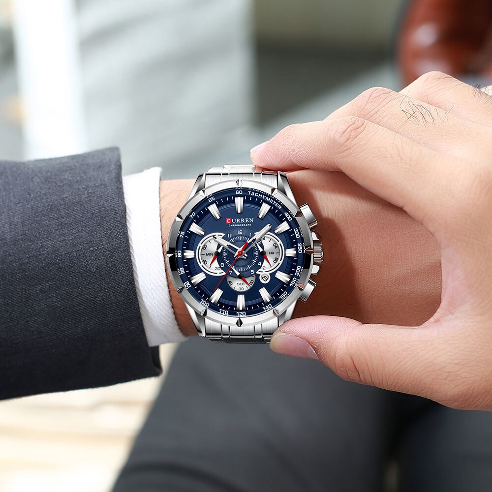 CURREN Casual Sport Chronograaf Heren Horloges Roestvrij Stalen Band Horloge Grote Wijzerplaat Quartz Klok met Lichtgevende Pointers