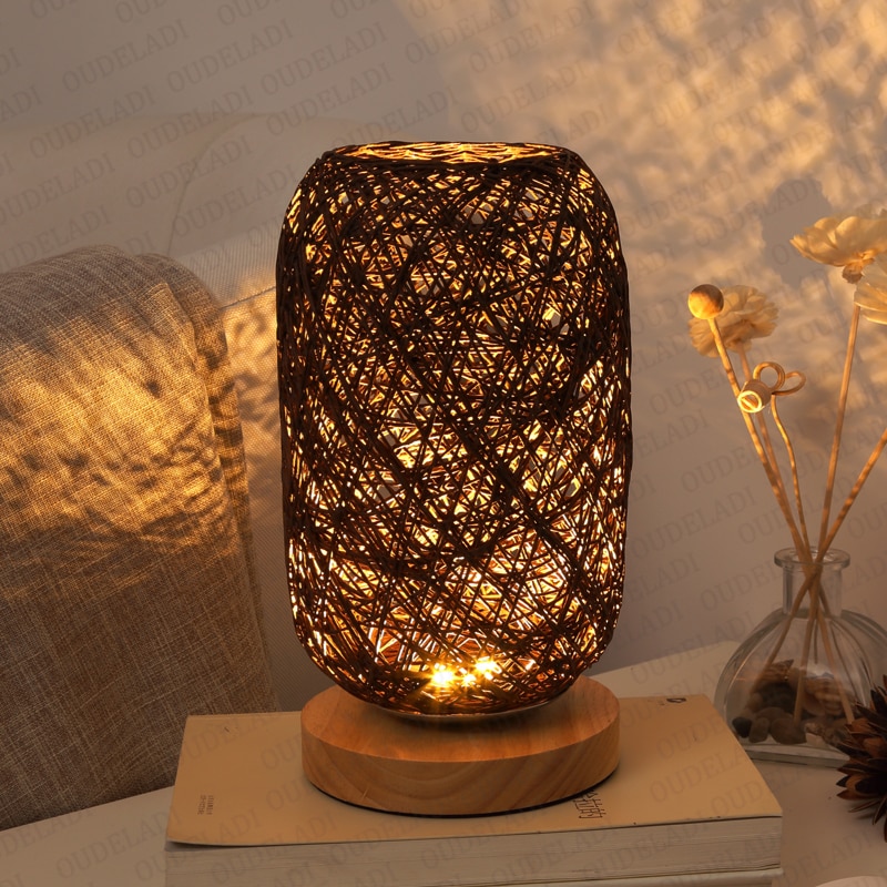 Holz Rattan Schnur Ball Lichter Tisch Lampe Zimmer Heimat Kunst Dekor Schreibtisch Licht