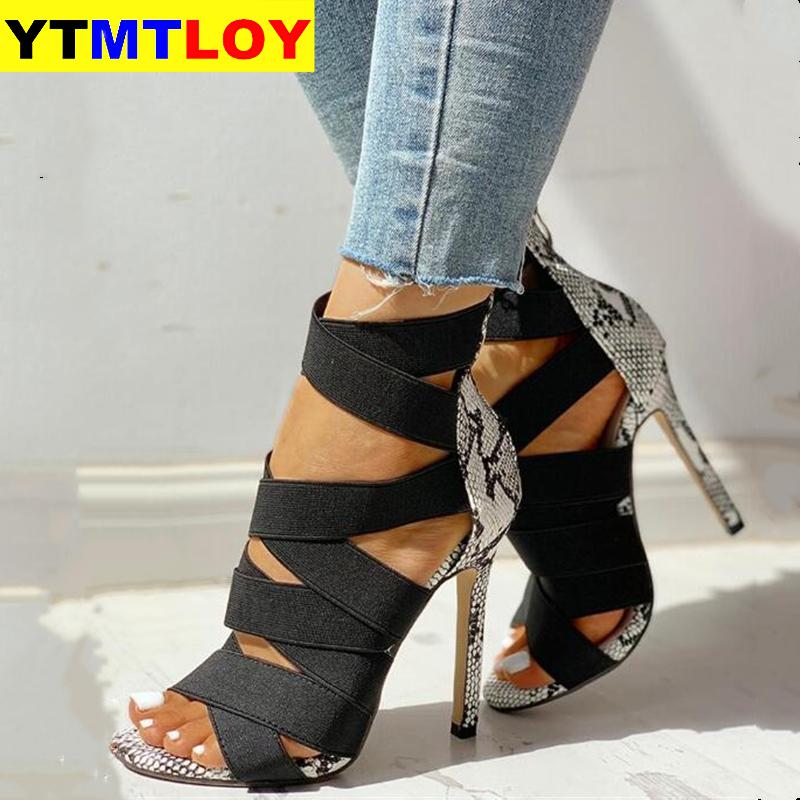 Sandalias Mujer Women's Ladies Pumps Bandage Patchwork Mixed Colors Snake High Heels Sandals Casual Shoes size36~42