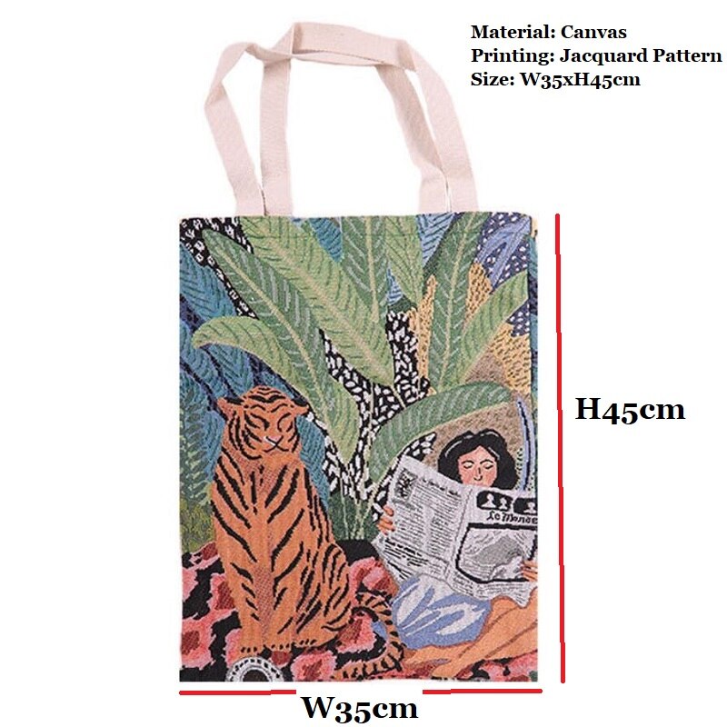 Reusable Einkaufstasche Jacquard Leinwand Einkaufstasche Große Folding Tote Unisex Jacquard Tiger und Lesen Mädchen Leinwand Tote Tasche