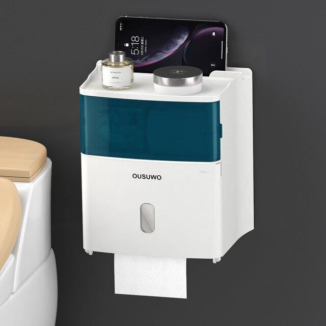 Vandtæt toiletpapirholder opbevaringsbakke bakke vævskasse vægmonteret toiletrulle dispenser bærbar toiletpapirholder: Blå