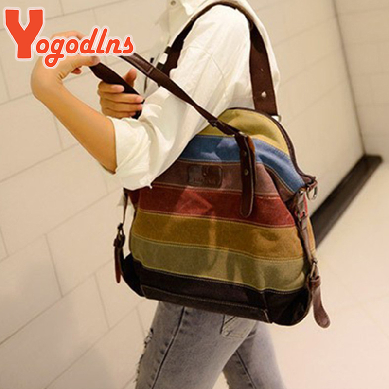 Yogodlns Canvas Bakken Gestreepte Dameshandtas Patchwork Regenboog Schoudertas Mode Vrouwelijke Casual Crossbody Tas Sac a Main