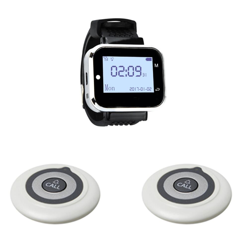 Jingle bells draadloos restaurant gast oproepsysteem 2 oproepknoppen +1 horloge ontvanger voor café, bar oproepbel: Witte kleur