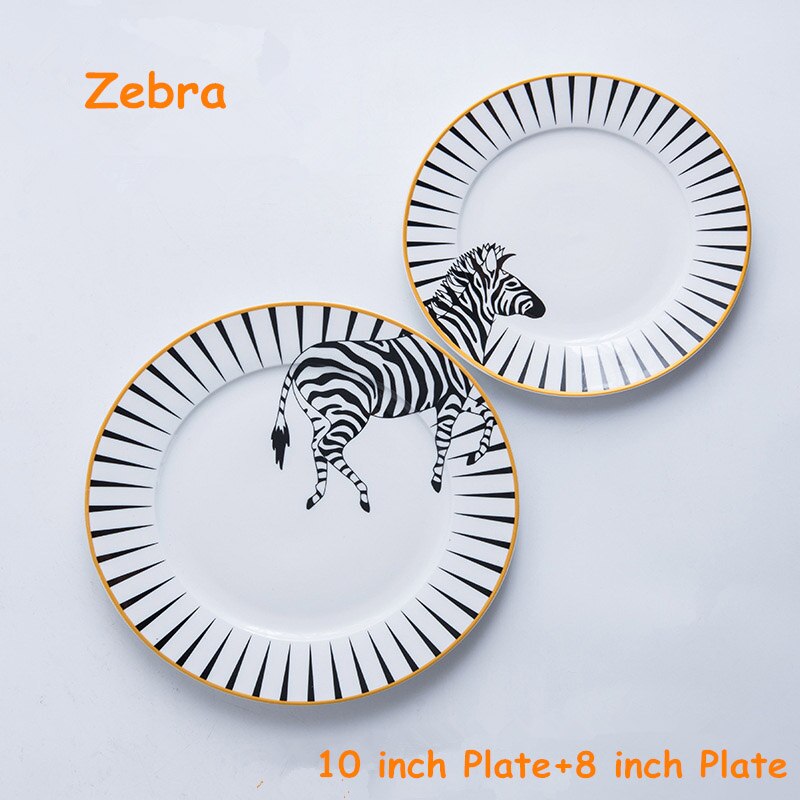 Keramik tallerken rundt fad flad bakke middagstallerken sæt fade og tallerkensæt håndmalede dyrefad tegneseriestel 2 stk/sæt: Zebra