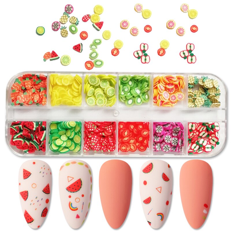 Pegatinas en 3D de frutas para decoración de uñas, accesorios Nail Art con de frutas de tamaño variado, puntas de manicura, 1 caja
