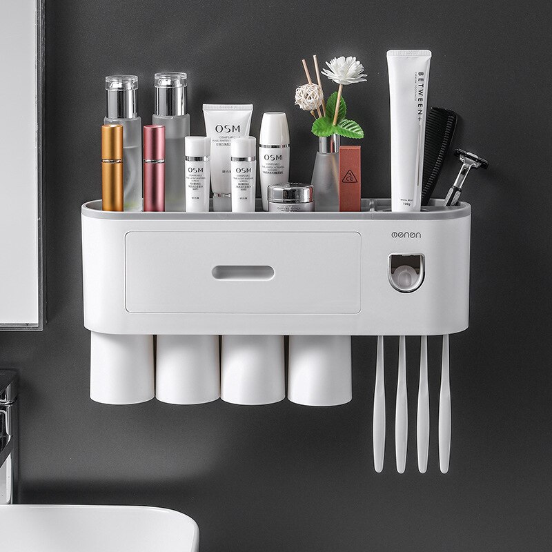 Magnetic Adsorption Toothbrush Holder Automatic Toothpaste Squeezer Home Storage Shelves Wall-mounted Bathroom Accessories Set: 4 Cups Gray