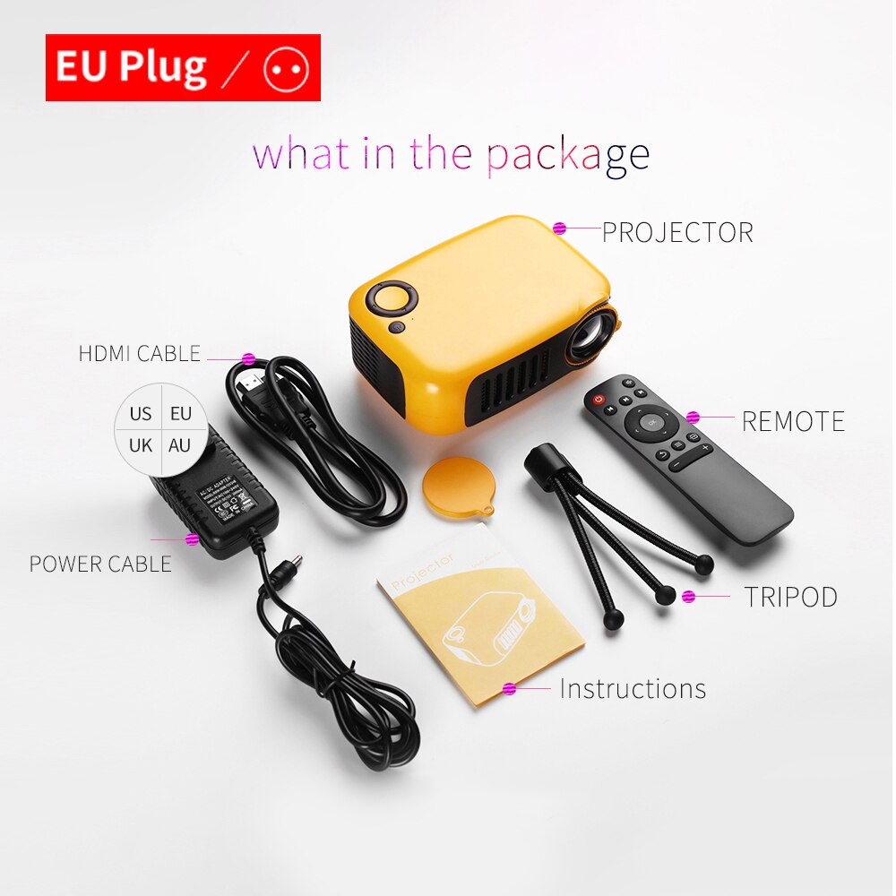 Mini projetor portátil para celular, projetor com suporte para lcd de 320 p, 240 horas de iluminação, home theater, tomada eu/us, 1080x50000 p: Orange EU Plug